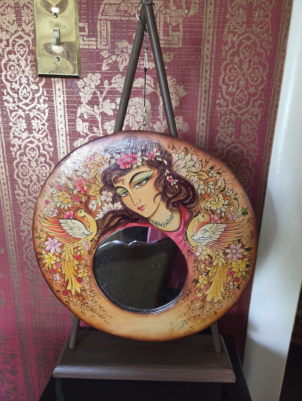 Vintage Persian Woman Handpainted Leather Mirror